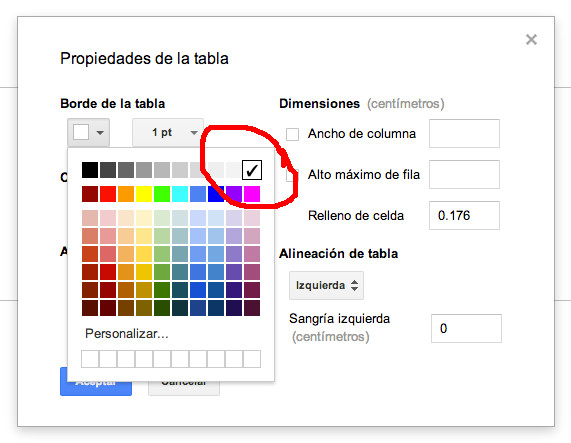 Deberemos seleccionar el color blanco para los bordes de la tabla