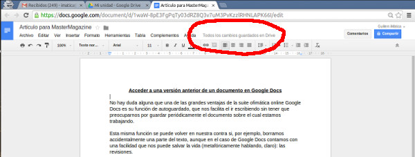 Aquí podemos ver donde tenemos queir a buscar las revisiones de cualquier documento de Google Docs