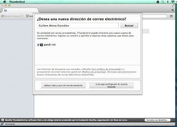 Al abrir el programa por primera vez se inicia automáticamente el asistente para configurar una nueva cuenta de correo