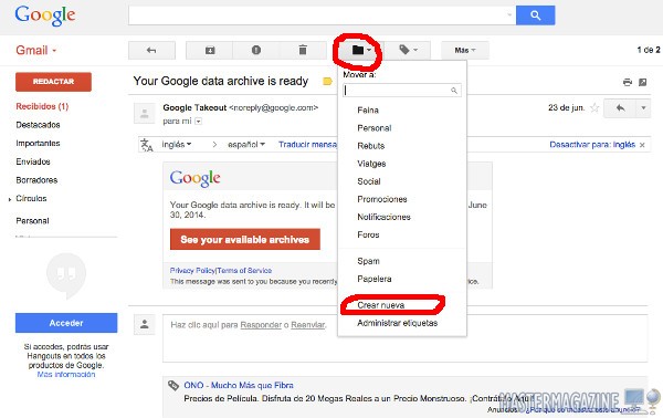 Creando una nueva carpeta para alojar mensajes de correo en Gmail